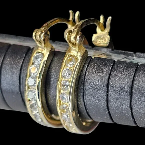 Hoop Earrings Gold Plated Sterling Silver Cubic Zirconia Pierced Round Almost 1